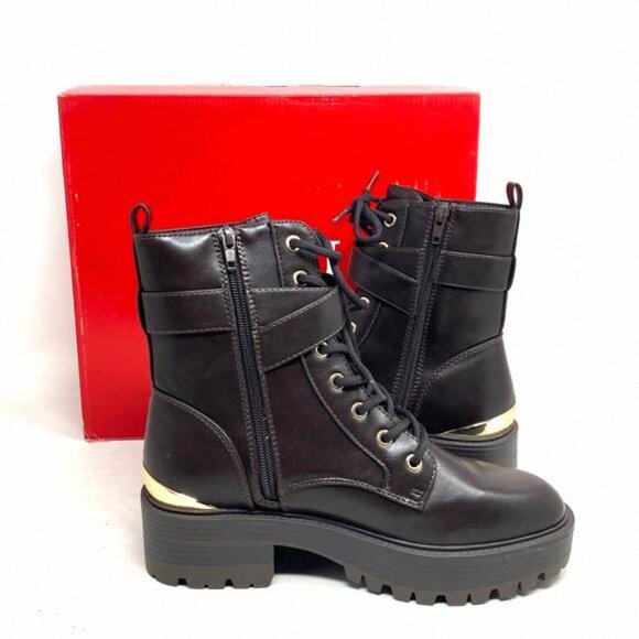 GUESS Flat Combat Booties Dark Brown Faux Leather GFFINLEES Heel Size Women's - Picture 5 of 9